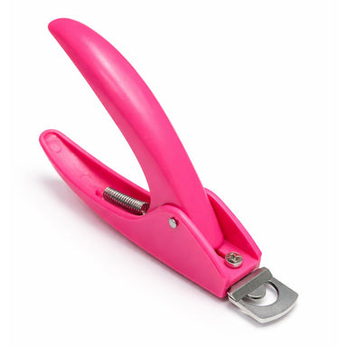 Pink nail tip cutter with curved handle and stainless steel cutting blade