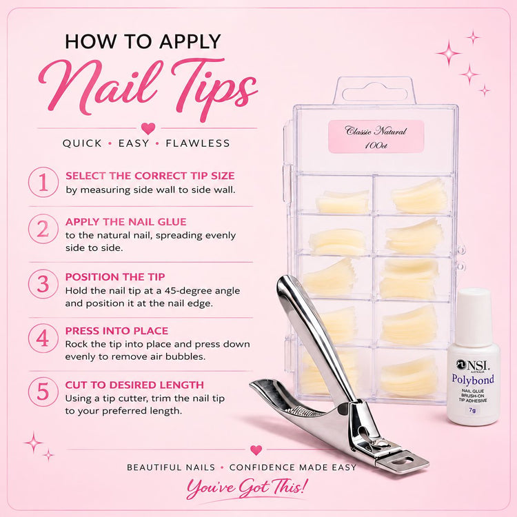 Five-step guide showing how to apply classic natural nail tips using brush-on nail glue and a tip cutter