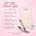 Five-step guide showing how to apply classic natural nail tips using brush-on nail glue and a tip cutter