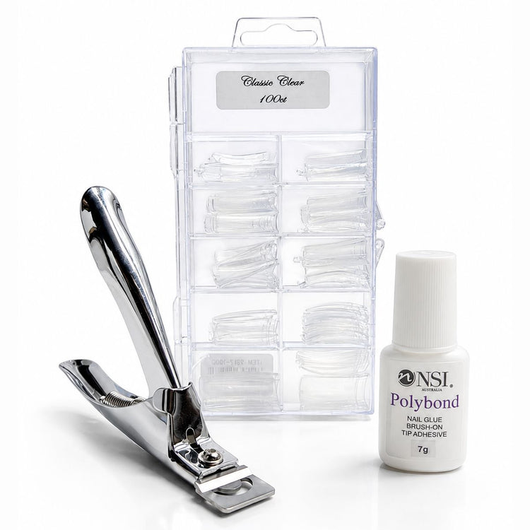 Classic Clear 100ct square nail tips tipping pack with tip cutter and 7g Polybond brush-on nail glue for professional salon extensions