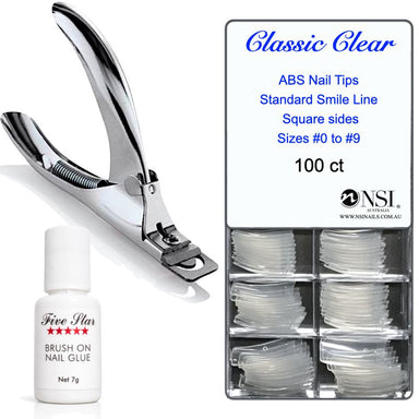 NSI Australia Classic Clear nail tips 100 ct kit with Five Star brush on nail glue and silver nail tip cutter