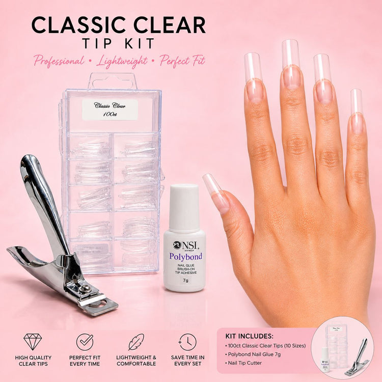 Classic clear nail tip kit with 100 square tips in 10 sizes, nail tip cutter and 7g brush-on nail glue