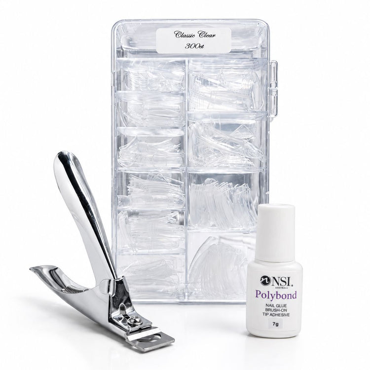 Classic Clear 300ct square nail tips tipping pack with tip cutter and 7g Polybond brush-on nail glue for professional salon extensions