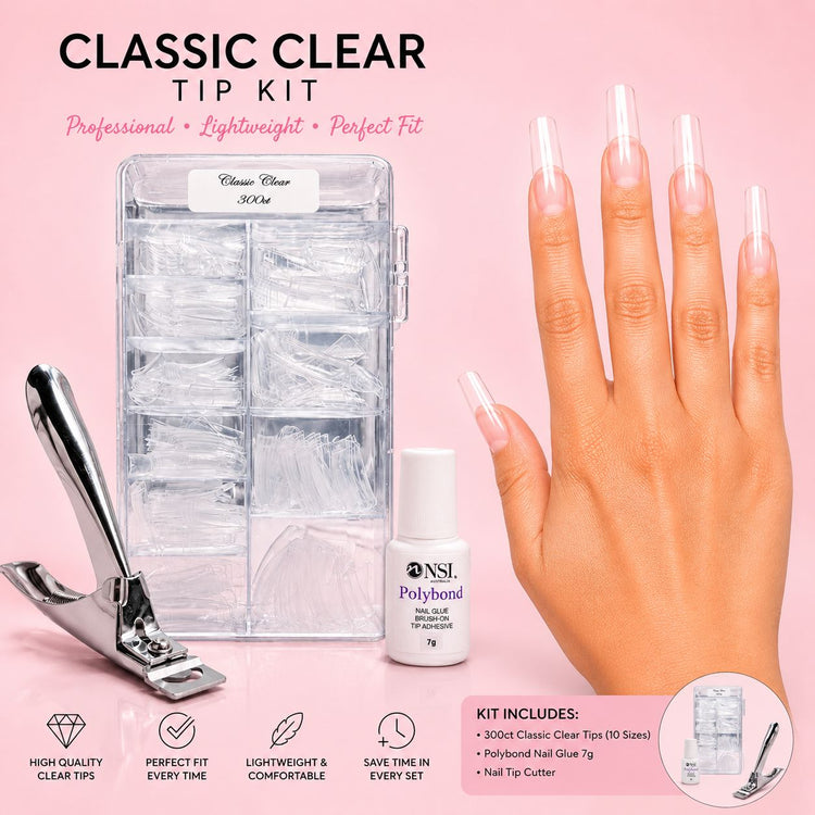 Classic clear nail tip kit with 300 square tips in 10 sizes, nail tip cutter and 7g brush-on nail glue