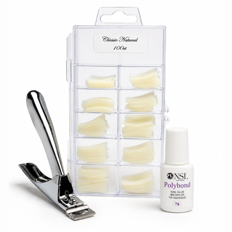 Classic Natural 100ct square nail tips tipping pack with tip cutter and 7g Polybond brush-on nail glue for professional salon extensions