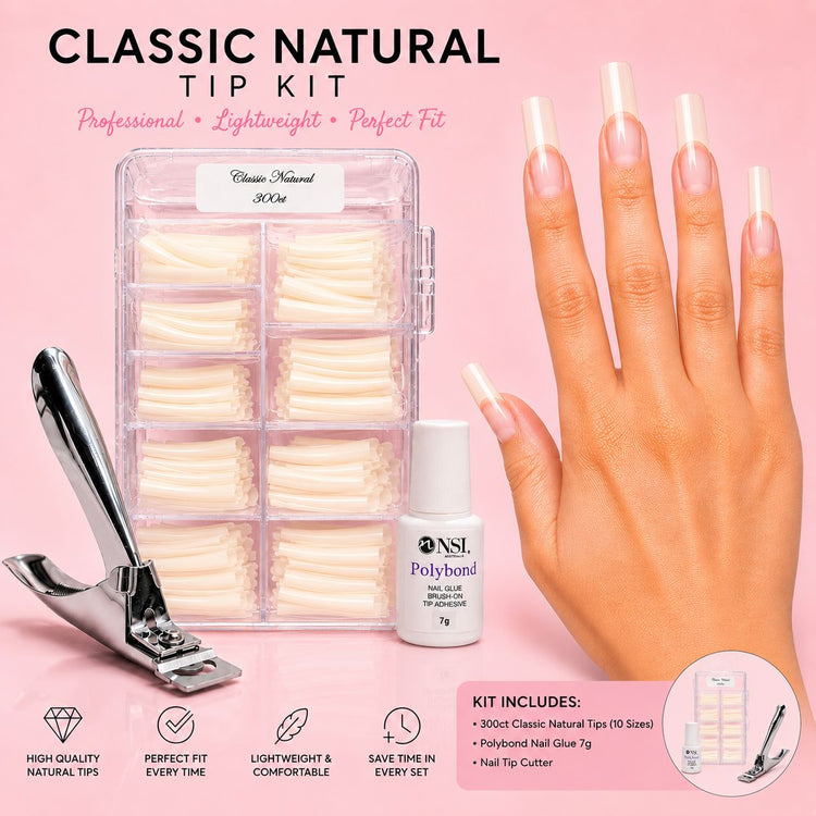 Classic natural nail tip kit with 300 square tips in 10 sizes, nail tip cutter and 7g brush-on nail glue
