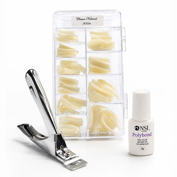 Classic Natural 300ct square nail tips tipping pack with tip cutter and 7g Polybond brush-on nail glue for professional salon extensions