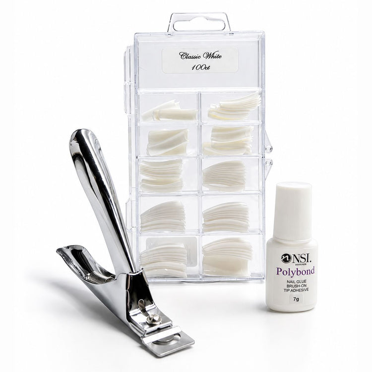 Classic White 100ct square nail tips tipping pack with tip cutter and 7g Polybond brush-on nail glue for professional salon extensions