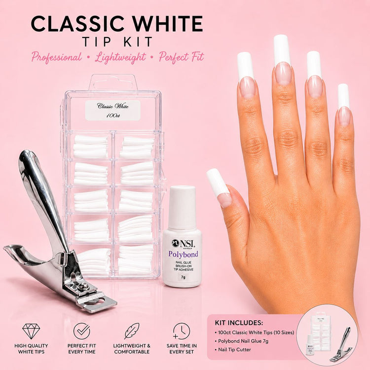 Classic white nail tip kit with 100 square tips in 10 sizes, nail tip cutter and 7g brush-on nail glue