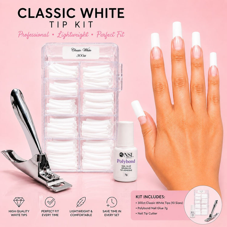 Classic white nail tip kit with 300 square tips in 10 sizes, nail tip cutter and 7g brush-on nail glue