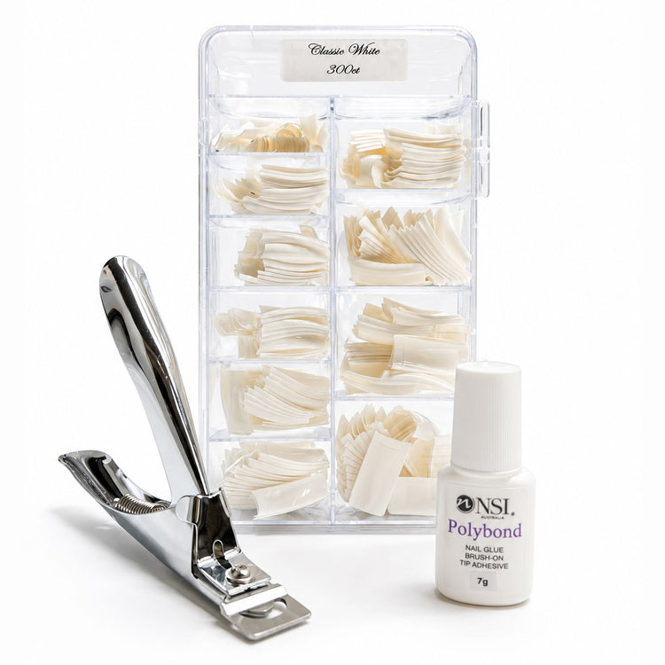 Classic White 300ct square nail tips tipping pack with tip cutter and 7g Polybond brush-on nail glue for professional salon extensions