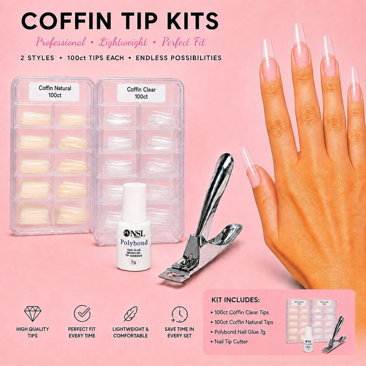 Coffin nail tip kits with 100 natural tips, 100 clear tips, Polybond nail glue and professional tip cutter – Nail Success Australia