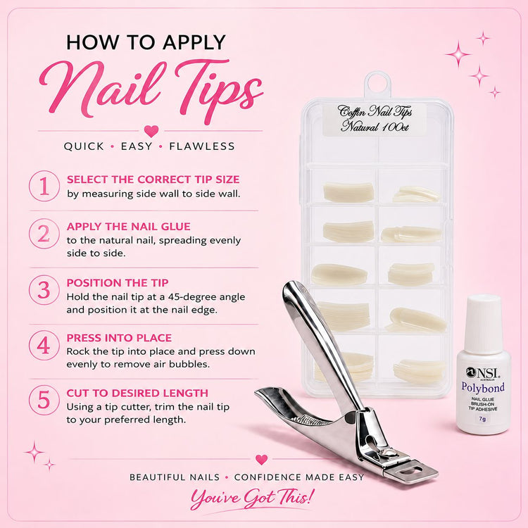 Five-step guide to applying coffin nail tips with natural tips, Polybond nail glue and professional tip cutter – Nail Success Australia