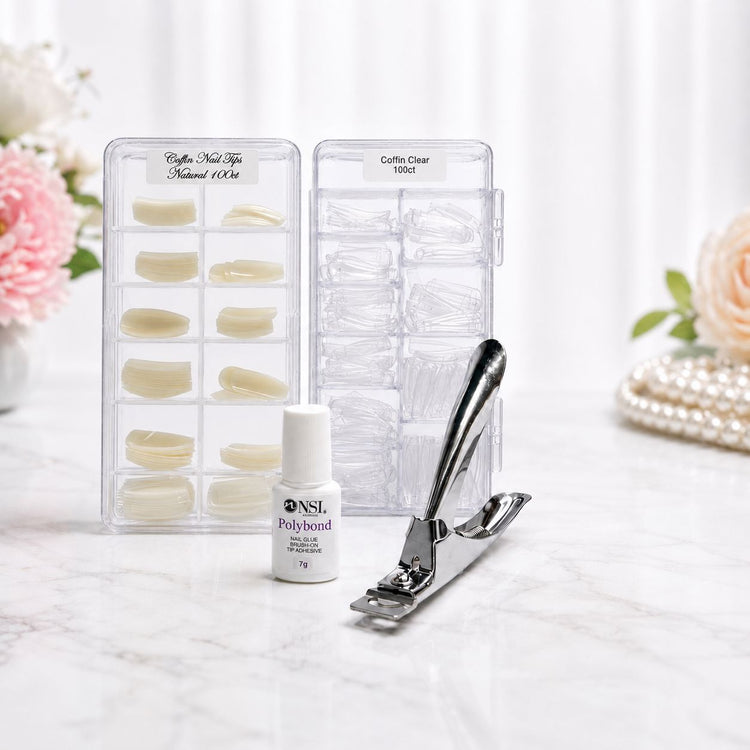 Coffin tipping pack with 100 natural tips, 100 clear tips, Polybond nail glue and professional tip cutter – Nail Success Australia