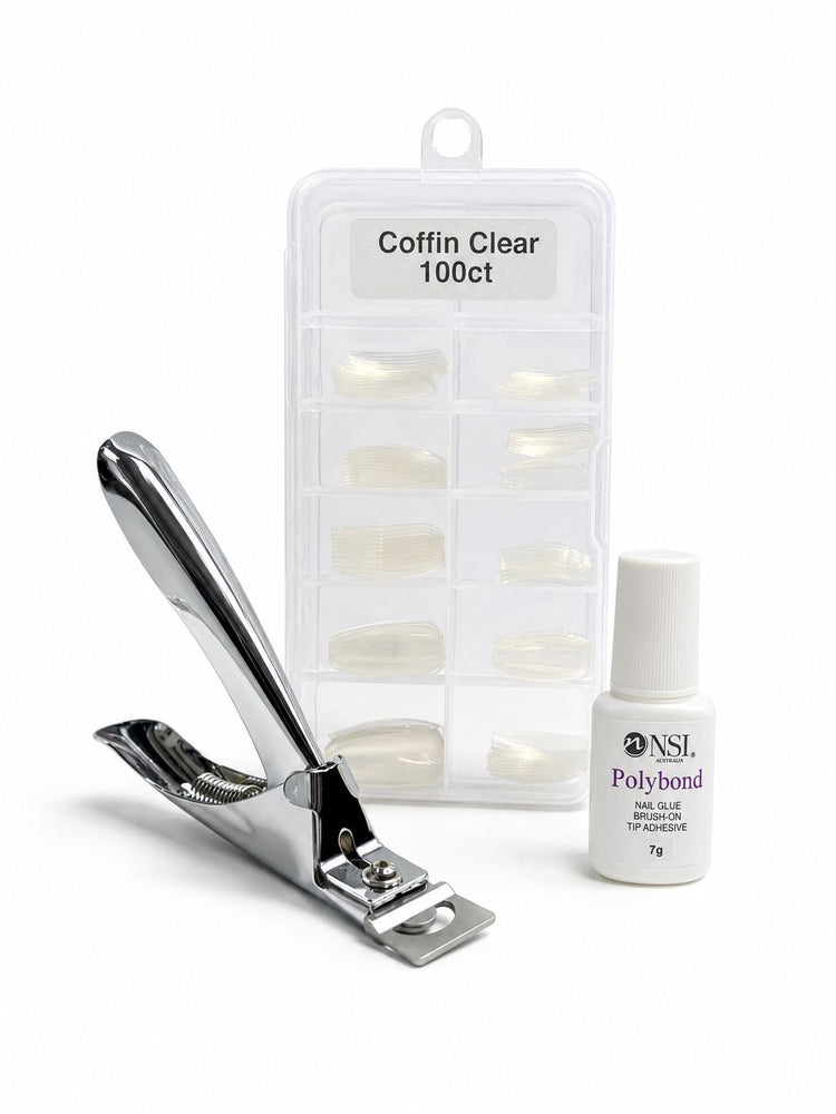 Coffin clear nail tip kit with 100 tips, Polybond nail glue and professional tip cutter – Nail Success Australia