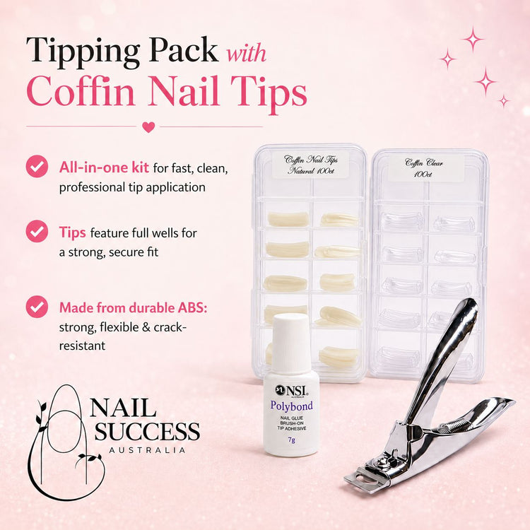 Coffin nail tipping pack with 100 natural tips, 100 clear tips, Polybond nail glue and professional tip cutter – Nail Success Australia