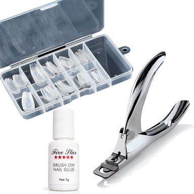 Five Star coffin clear nail tips kit with brush-on nail glue, storage case, and silver nail tip cutter