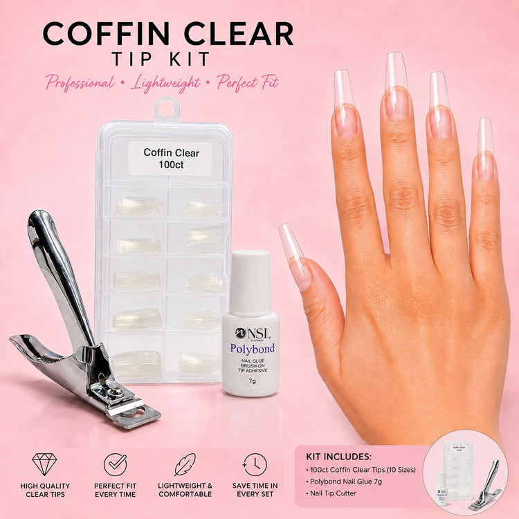 Coffin clear nail tip kit with 100 tips, Polybond nail glue, professional tip cutter and clear coffin manicure – Nail Success Australia