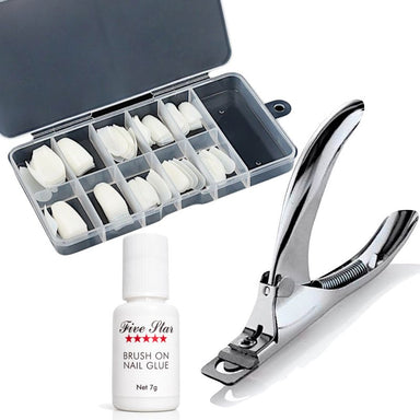 Five Star coffin natural nail tips kit with brush-on nail glue, storage case, and silver nail tip cutter