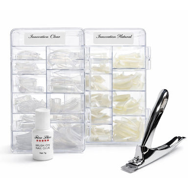 Nail tipping pack with Innovation clear and natural nail tips, brush-on nail glue and a metal tip cutter