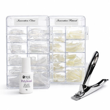Innovation clear and natural nail tips tipping pack with Polybond nail glue and tip cutter for professional salon nail extensions
