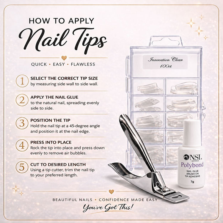 How to apply nail tips step-by-step guide with Innovation Clear 100ct nail tips, Polybond nail glue and tip cutter for salon extensions