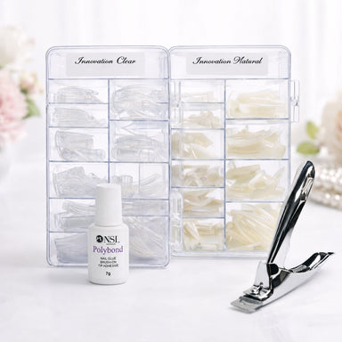 Innovation clear and natural nail tips tipping pack with Polybond nail glue and tip cutter for professional salon nail extensions