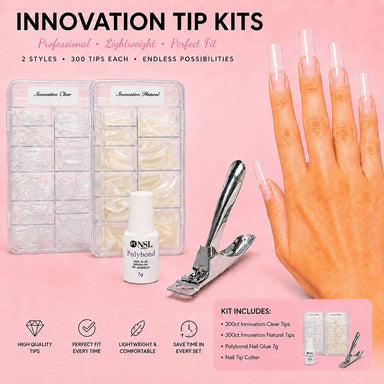 NSI Innovation Tip Kits, clear and natural nail tips with nail glue and nail tip cutter, 300 tips each