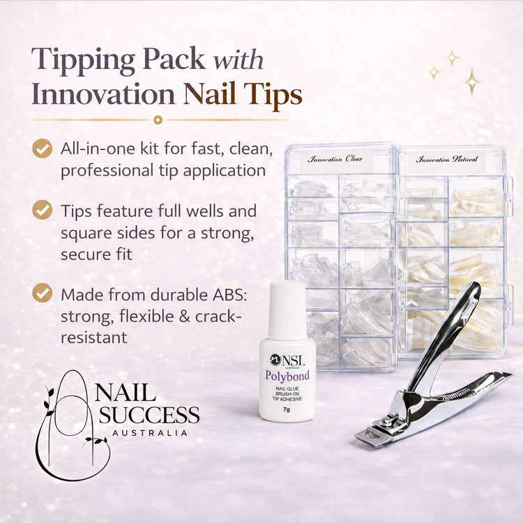 Innovation nail tips tipping pack with clear and natural full well ABS tips, Polybond nail glue and tip cutter for professional salon nail extensions