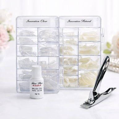 NSI Innovation Clear and Natural nail tip cases with brush on nail glue and stainless tip cutter