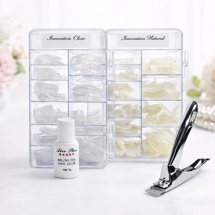 NSI Innovation Clear and Natural nail tip cases with brush on nail glue and stainless tip cutter