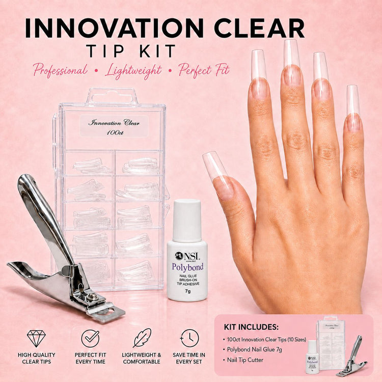 NSI Innovation Clear Tip Kit 100ct with Polybond brush on nail glue 7g and nail tip cutter
