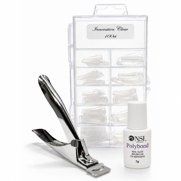 Innovation Clear 100ct nail tips tipping pack with tip cutter and 7g Polybond brush-on nail glue for professional salon nail extensions