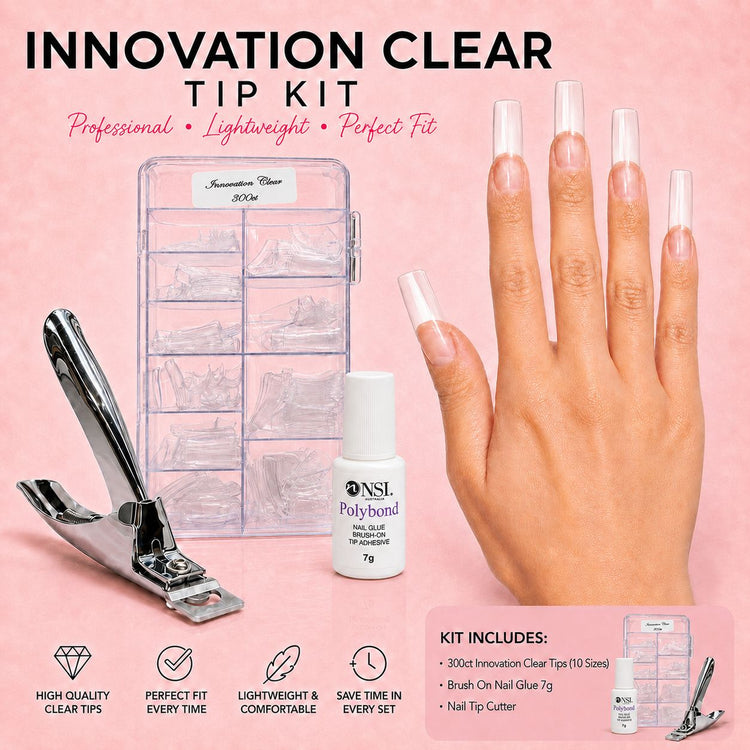 NSI Innovation Clear Tip Kit 300ct with Polybond brush on nail glue 7g and nail tip cutter