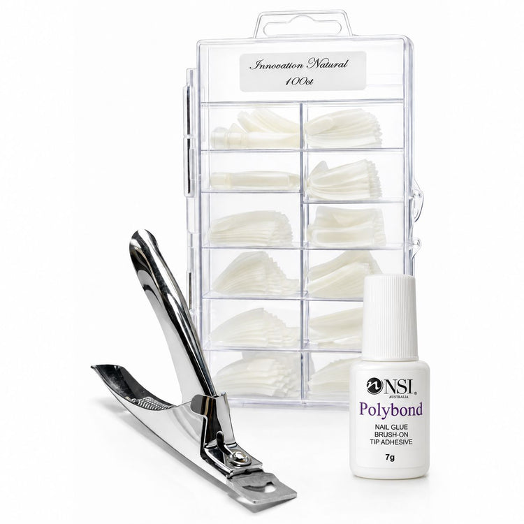 Innovation Natural 100ct nail tips tipping pack with tip cutter and 7g Polybond brush-on nail glue for professional salon nail extensions