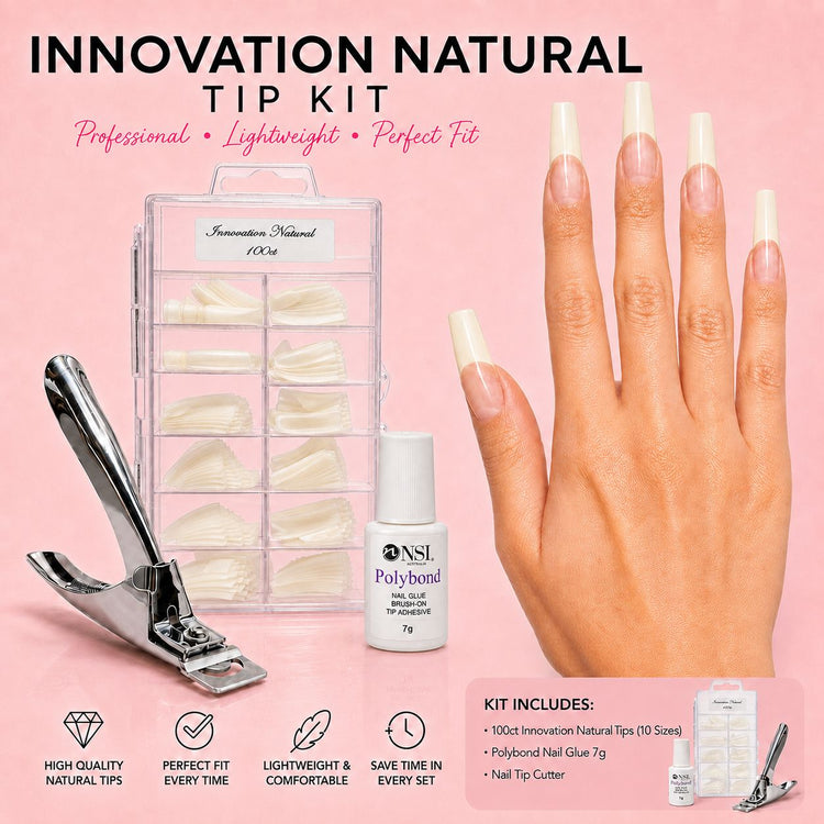 NSI Innovation Natural Tip Kit 100ct with Polybond brush on nail glue 7g and nail tip cutter