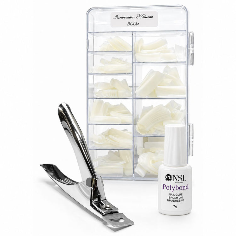 Innovation Natural 300ct nail tips tipping pack with tip cutter and 7g Polybond brush-on nail glue for professional salon nail extensions