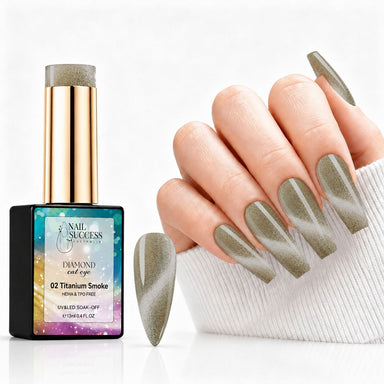 Titanium Smoke HEMA- and TPO-free Diamond Cat Eye Gel Polish with matching smoky champagne magnetic manicure and nail swatch – Nail Success Australia