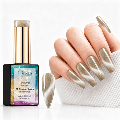 Titanium Smoke HEMA- and TPO-free Diamond Cat Eye Gel Polish with matching smoky champagne magnetic manicure and nail swatch – Nail Success Australia