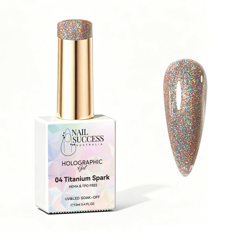 Nail Success Australia Titanium Spark holographic gel polish with top coat and matte top coat swatches
