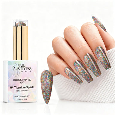 Titanium Spark holographic gel polish with titanium silver multicolour glitter swatch and matching manicure for HEMA and TPO free salon nails