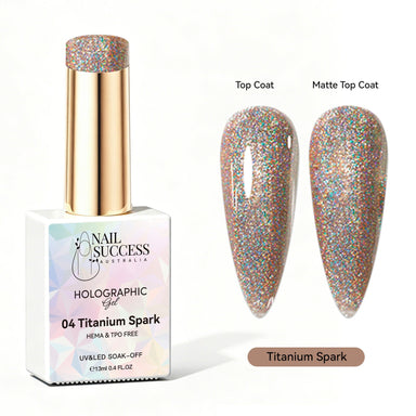 Nail Success Australia Titanium Spark holographic gel polish with top coat and matte top coat swatches