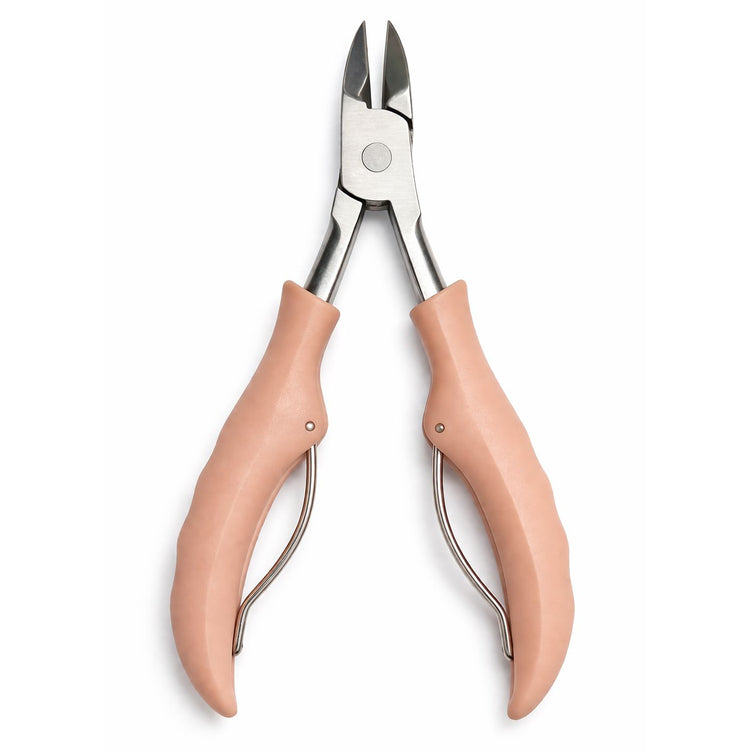 Light pink precision cuticle nippers with open stainless steel blades and ergonomic handles