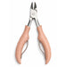 Light pink precision cuticle nippers with open stainless steel blades and ergonomic handles