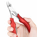 Red precision cuticle nippers held in hand, showing stainless steel blades and ergonomic grip handles