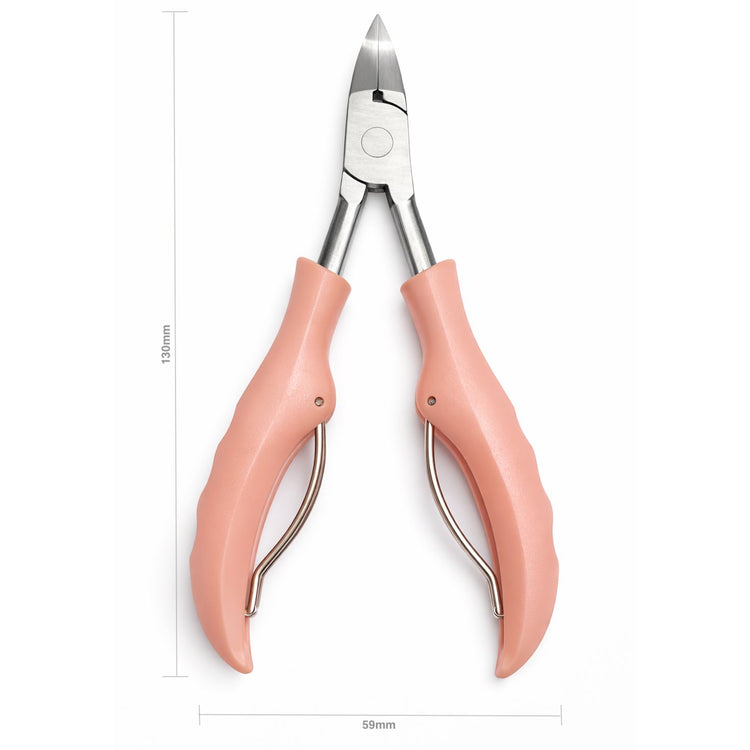 Light pink precision cuticle nippers with stainless steel blades, ergonomic handles, and size measurements of 130 mm by 59 mm