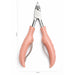 Light pink precision cuticle nippers with stainless steel blades, ergonomic handles, and size measurements of 130 mm by 59 mm