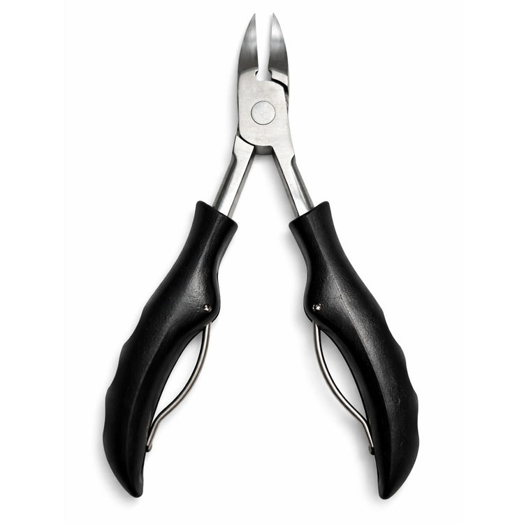 Black precision toenail clippers with open stainless steel blades and ergonomic handles