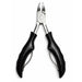 Black precision toenail clippers with open stainless steel blades and ergonomic handles