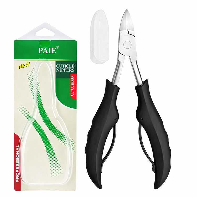 Black precision cuticle nippers with stainless steel blades, protective tip cap and retail packaging